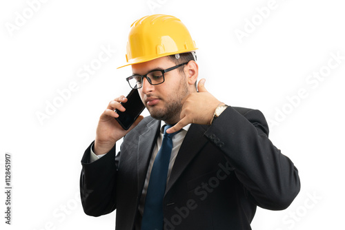 Serious engineer man making call gesture while speaking on phone