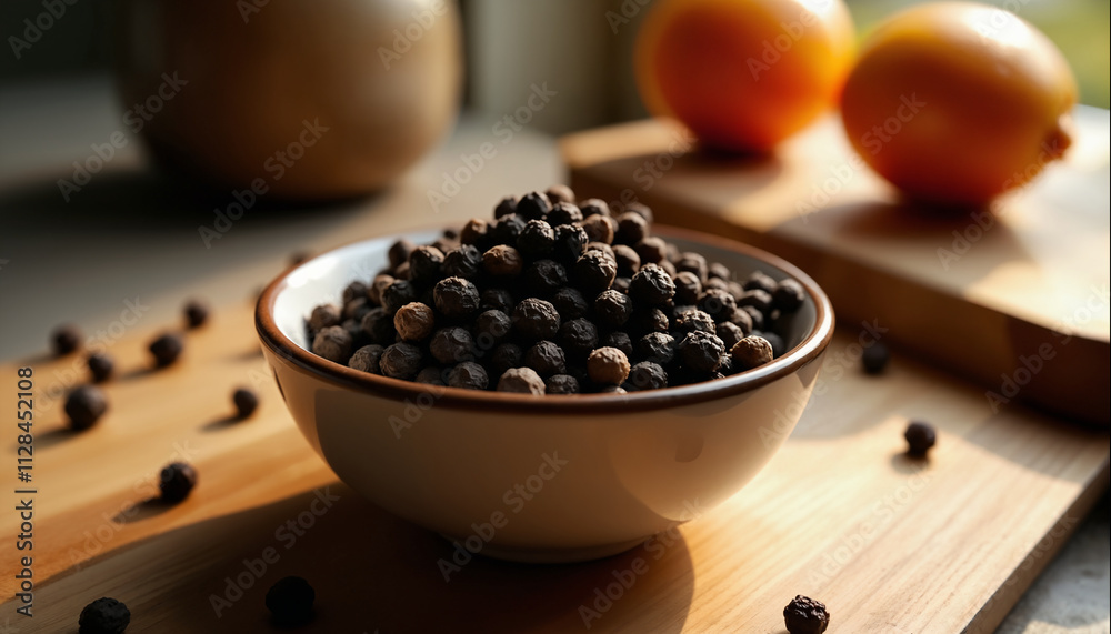 wallpapers A scenic view featuring a bowl filled with black spices on a wooden table, accompanied by fresh fruits. The warm tones enhance the aesthetic appeal. AI generated. wallpapers A scenic view featuring a bowl filled with black spices on a wooden table, accompanied by fresh fruits. The warm tones enhance the aesthetic appeal. AI generated.