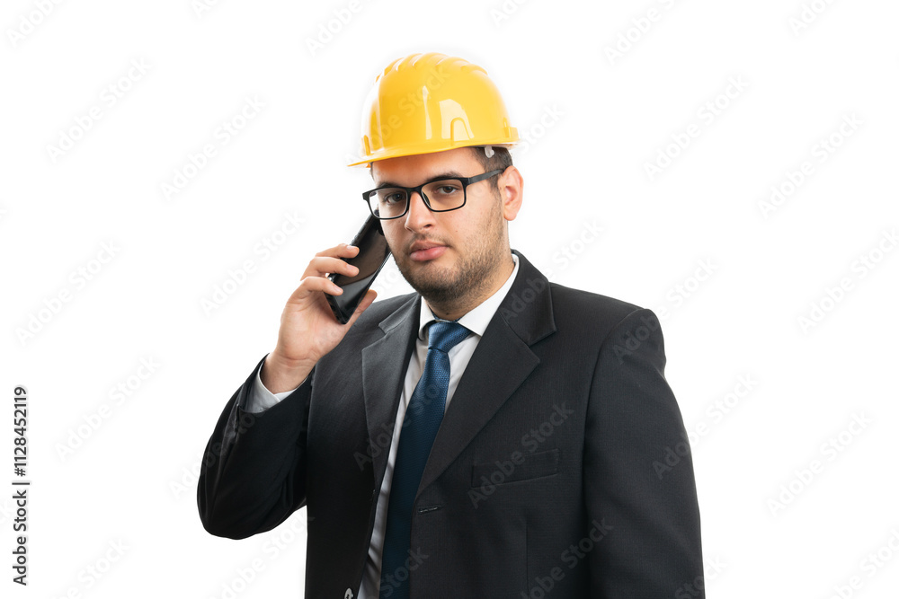 Architect serious expression wearing helmet speaking on phone Architect serious expression wearing helmet speaking on phone
