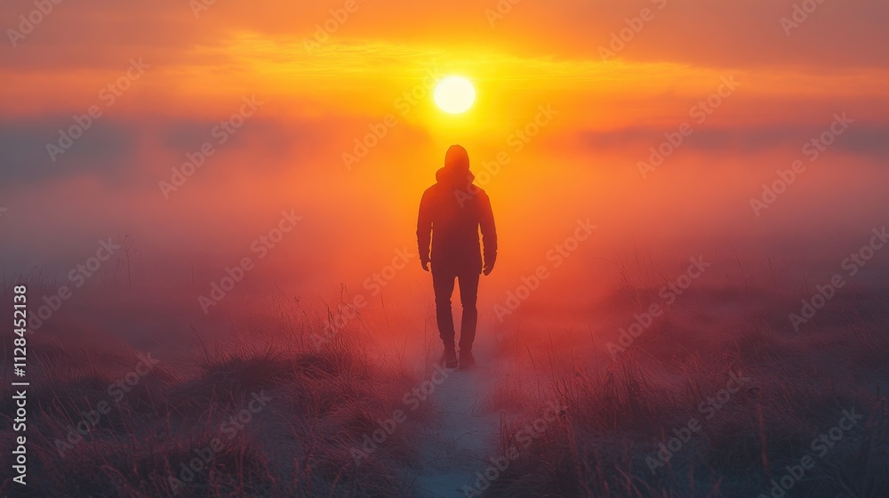 facing my faith man walking in foggy field at sunset dreamy landscape facing my faith man walking in foggy field at sunset dreamy landscape