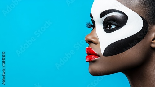 Woman with black and white face paint and red lips. The woman is wearing a mask and has a bold, striking look photo