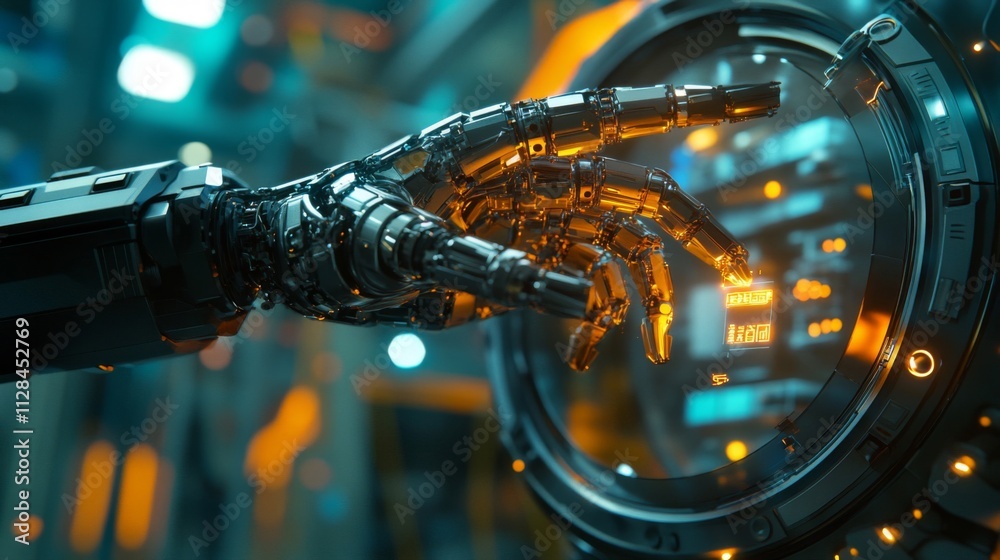 Robotic Hand Interacting With Futuristic Interface Robotic Hand Interacting With Futuristic Interface