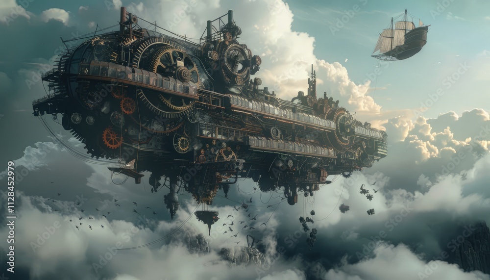 A Steampunk Airship Soaring Above Cloudscape Mountains A Steampunk Airship Soaring Above Cloudscape Mountains