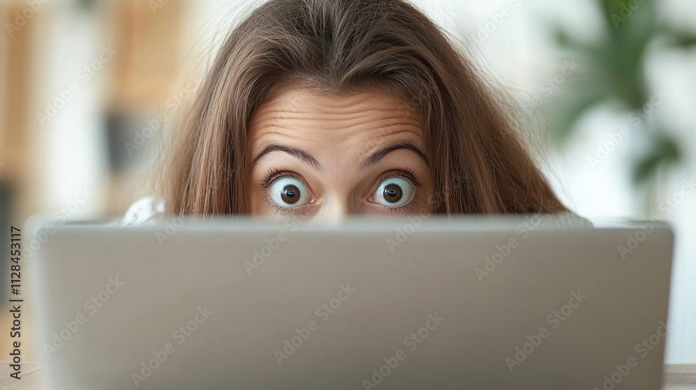 Surprised young woman reacts to unexpected content while using her laptop at home during a sunny afternoon. Generative AI Surprised young woman reacts to unexpected content while using her laptop at home during a sunny afternoon. Generative AI
