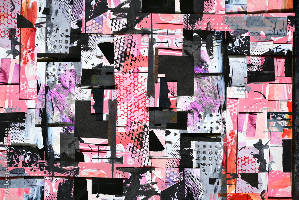 Fototapeta premium Abstract background, art collage of colorful paper pieces. Pink paint pattern, graphic lines and shapes, samples for layout