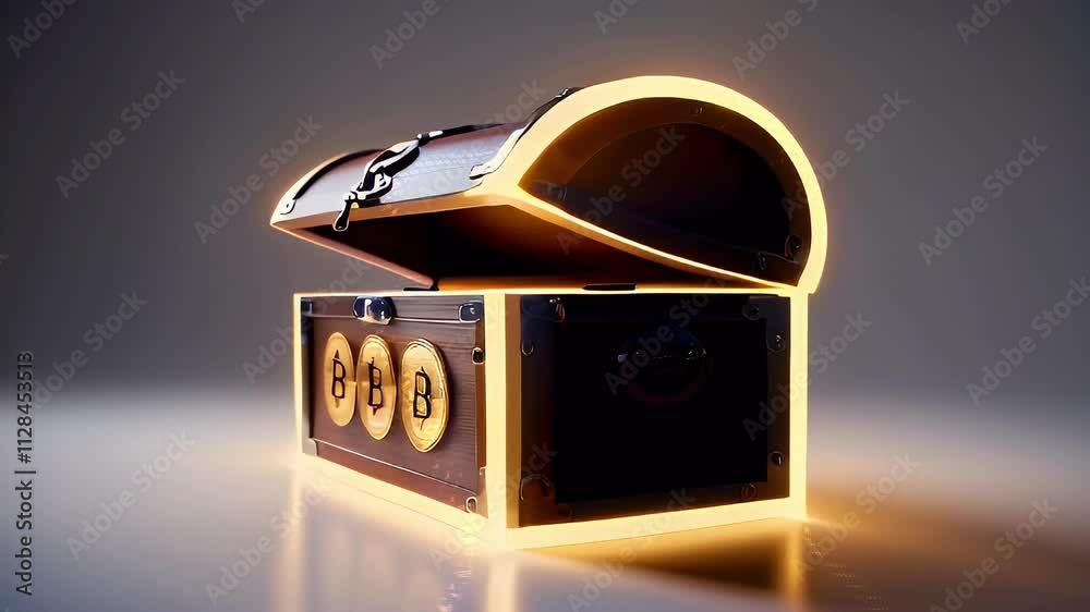A treasure chest containing Bitcoin coins, symbolizing cryptocurrency wealth and investment.