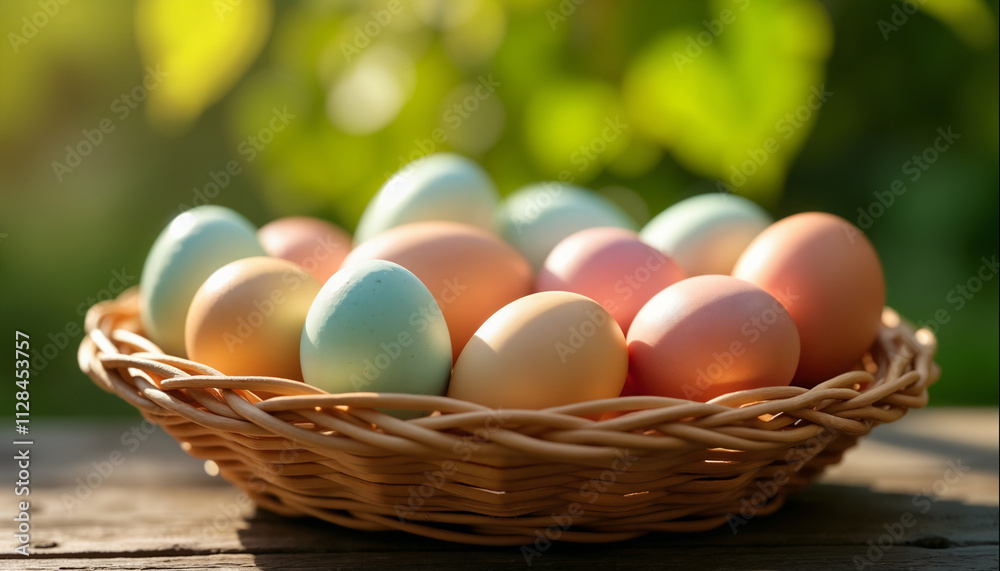 wallpapers A beautiful display of pastel colored eggs arranged in a woven basket, surrounded by a natural setting. Ideal for Easter themes and spring celebrations. AI generated