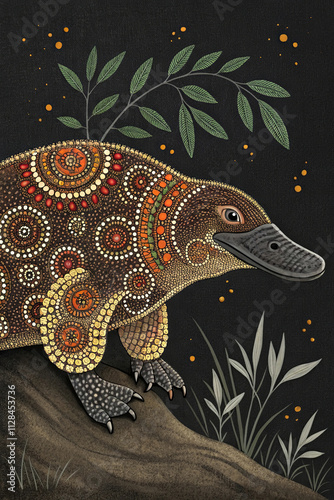 Platypus in dot art style with natural black background. Australian dot art painting. Australian wildlife and traditional art. Ideal for cultural projects, education, and souvenirs photo