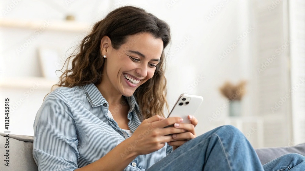Smiling woman having fun browsing social media network on phone
Smiling woman having fun browsing social media network on phone