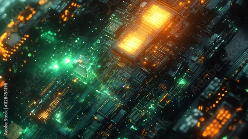 Wallpaper Mural Futuristic Circuit Board Cityscape Glowing Green And Orange Torontodigital.ca