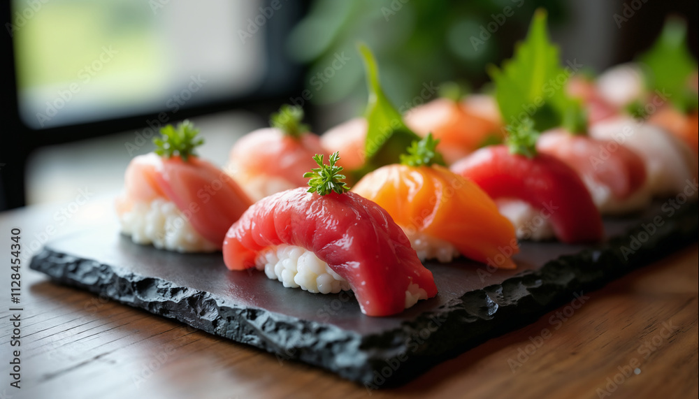 wallpapers A beautifully arranged platter of sushi featuring various types of sashimi on rice. The vibrant colors are visually appealing and enticing. AI generated. wallpapers A beautifully arranged platter of sushi featuring various types of sashimi on rice. The vibrant colors are visually appealing and enticing. AI generated.