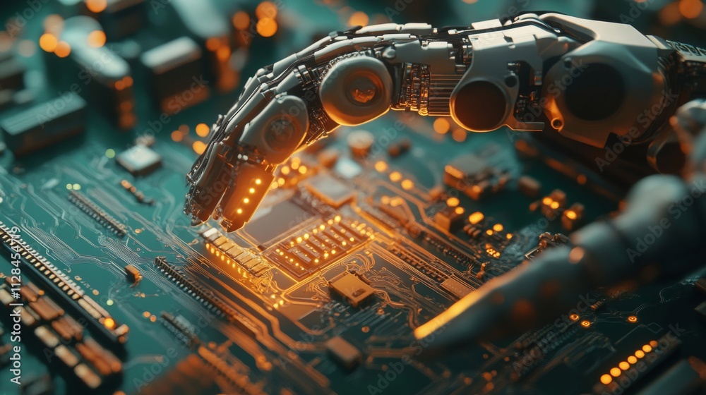 Robotic Hand Working on a Circuit Board Robotic Hand Working on a Circuit Board
