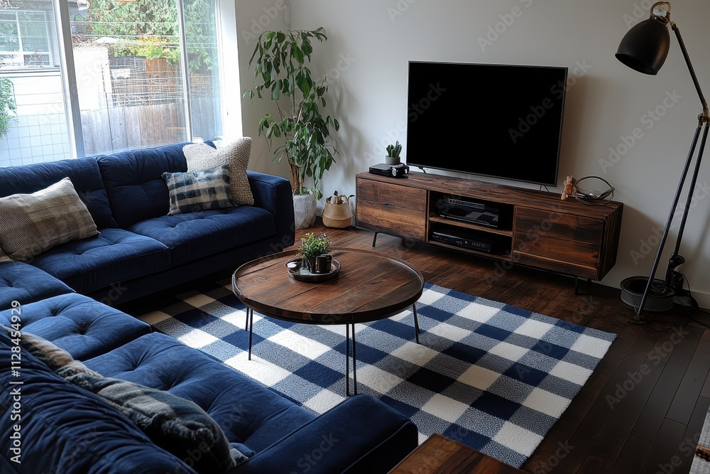 Modern Living Room Interior Design: Navy Blue Sectional Sofa, Rustic Wood Furniture, and Gingham Rug Modern Living Room Interior Design: Navy Blue Sectional Sofa, Rustic Wood Furniture, and Gingham Rug