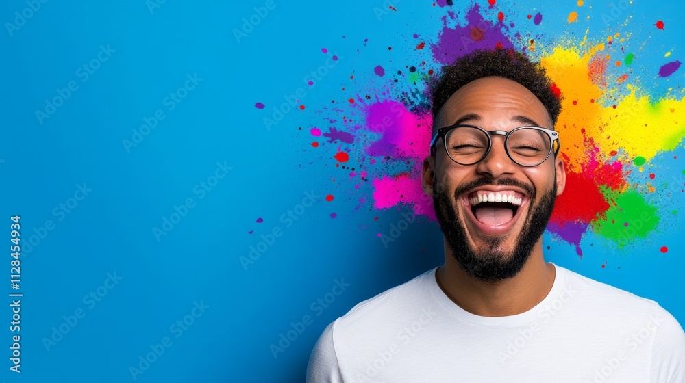 Man with a big smile on his face is wearing glasses and standing in front of a colorful background Man with a big smile on his face is wearing glasses and standing in front of a colorful background