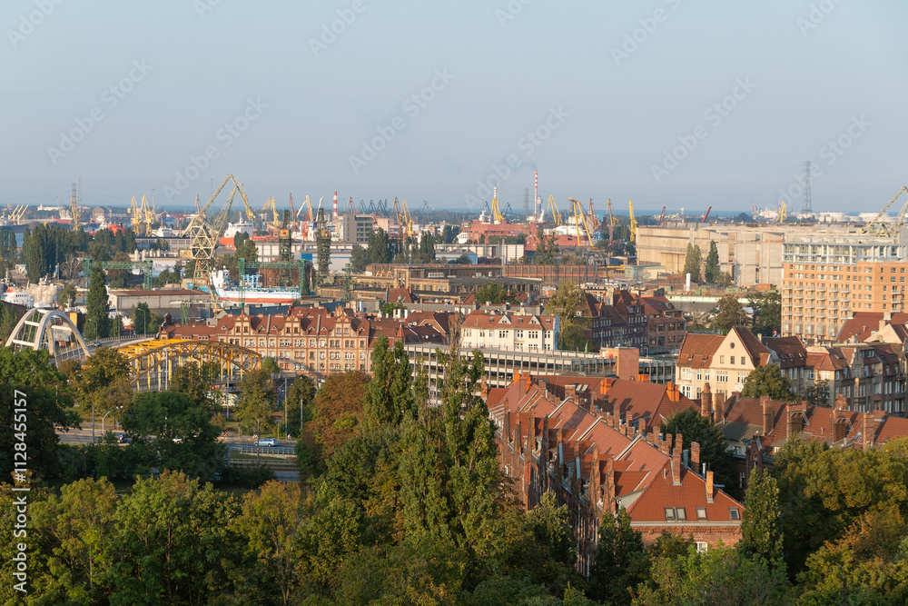 Obraz premium Gdansk Shipyard. A major shipbuilding enterprise. Big cranes and dock. Gdansk.