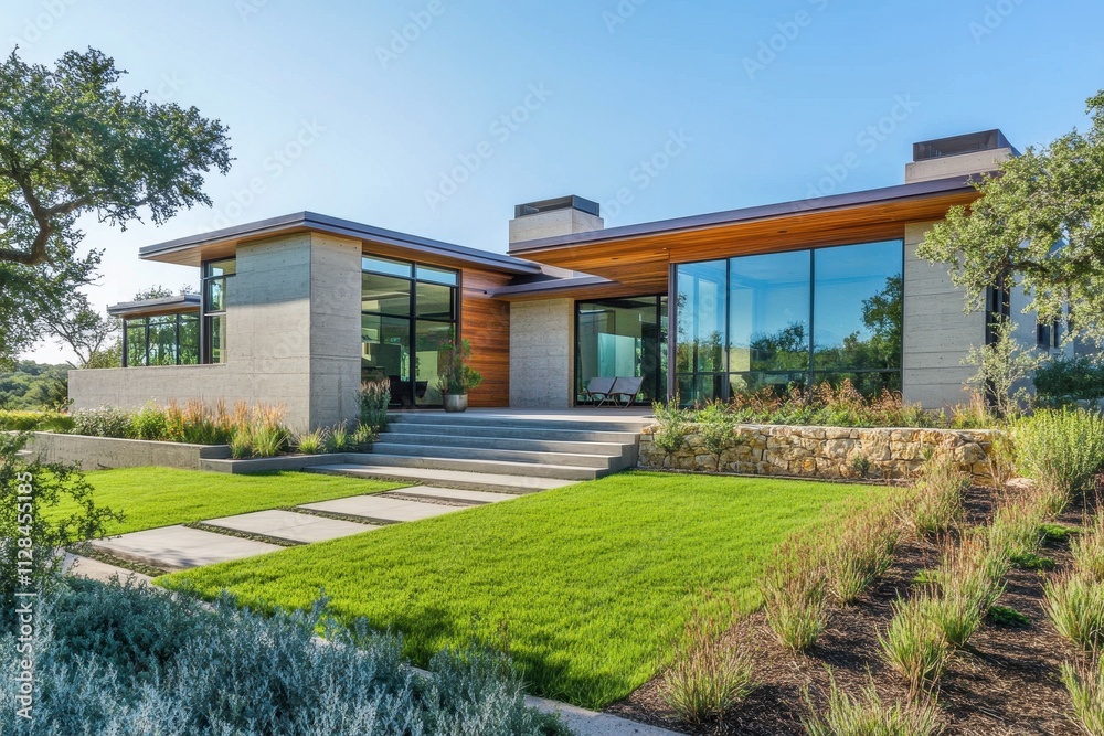 Modern home with large glass windows and landscaped garden. Modern home with large glass windows and landscaped garden.