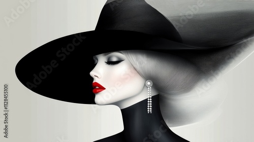 Woman is wearing a black hat and red lipstick. She has a beautiful and elegant look