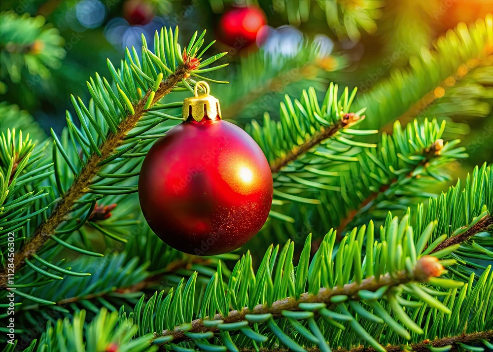 Lush green fir branches, a vibrant red ornament, create a festive Christmas backdrop. Perfect holiday card image. Lush green fir branches, a vibrant red ornament, create a festive Christmas backdrop. Perfect holiday card image.