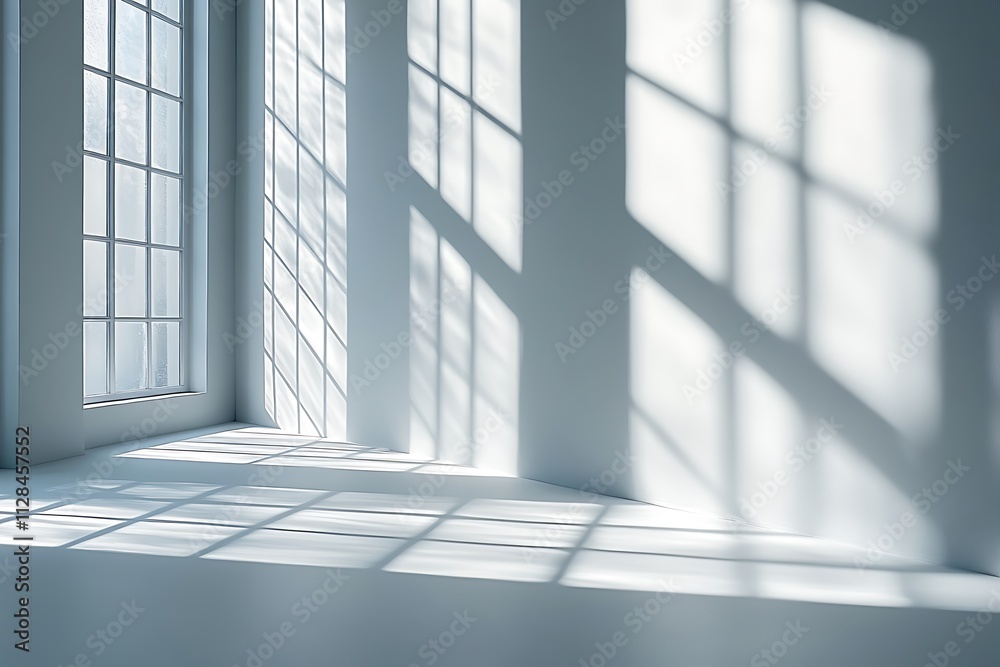 Empty white room interior with large windows and sunlight shadows