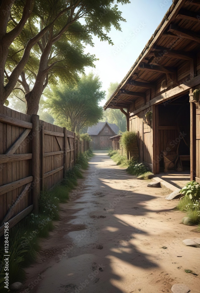 Old wooden barn stalls with a sheltered pathway for animals, pathway, livestock, wooden Old wooden barn stalls with a sheltered pathway for animals, pathway, livestock, wooden