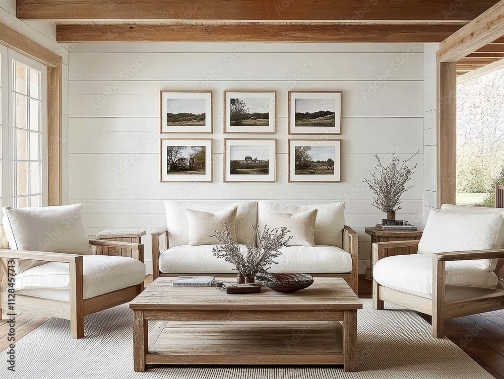Serene Farmhouse Living Room Decor with Rustic Wooden Furniture and Landscape Artwork Serene Farmhouse Living Room Decor with Rustic Wooden Furniture and Landscape Artwork