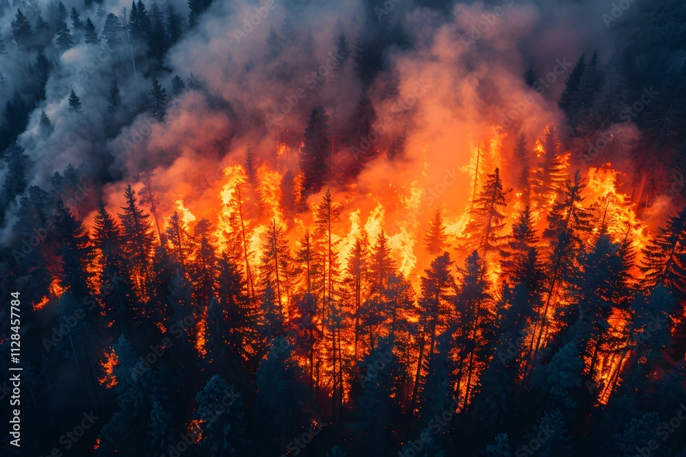 Intense Forest Fire Blaze with Thick Smoke and Tall Trees in Fiery Landscape Intense Forest Fire Blaze with Thick Smoke and Tall Trees in Fiery Landscape