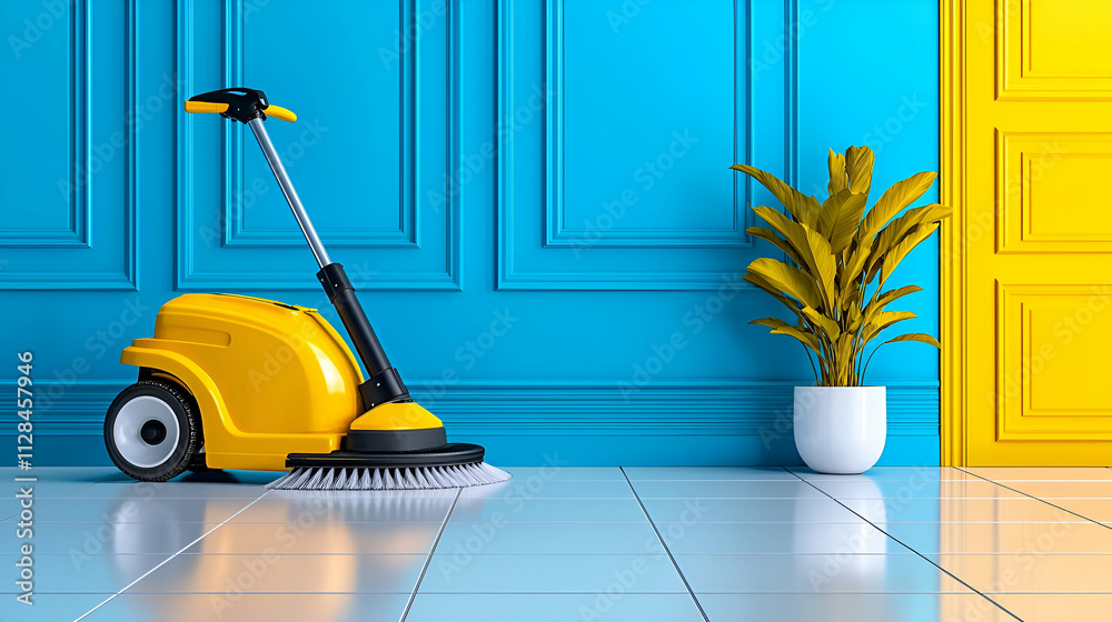 A bright yellow floor scrubber rests on shiny tiles next to a colorful wall and a potted plant, showcasing a clean and vibrant workspace. A bright yellow floor scrubber rests on shiny tiles next to a colorful wall and a potted plant, showcasing a clean and vibrant workspace.