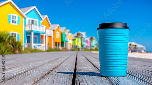 A vibrant beach scene with colorful houses and a blue coffee cup on a wooden boardwalk under a clear sky. photo