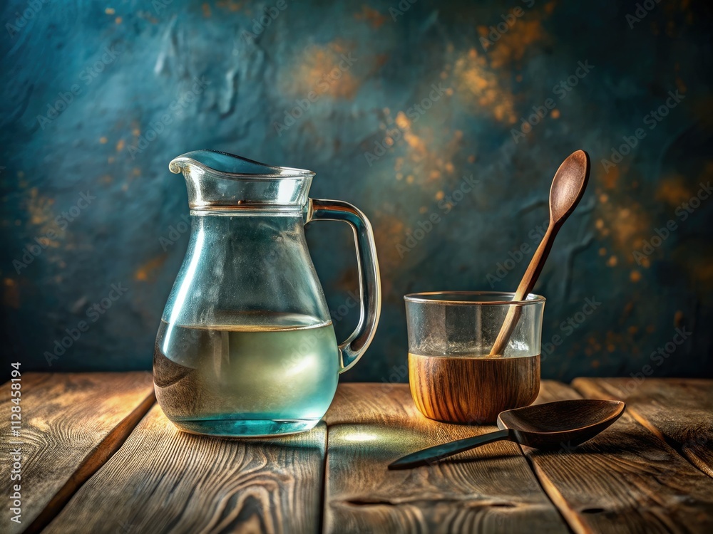 Rustic pitcher, glass, spoon, and water compose a minimalist tabletop still life, showcasing simple domestic beauty. Rustic pitcher, glass, spoon, and water compose a minimalist tabletop still life, showcasing simple domestic beauty.