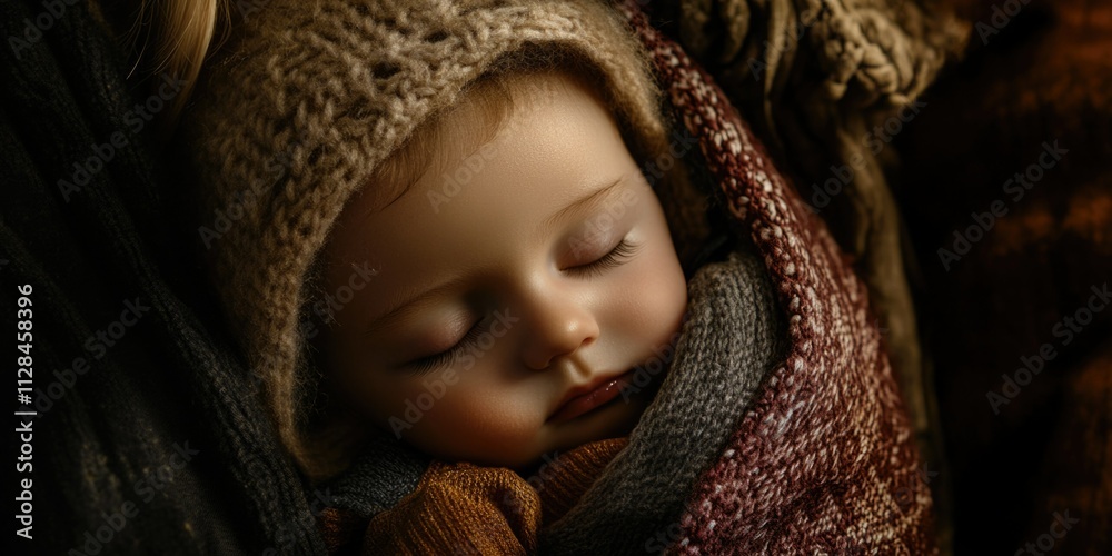Serene Slumber: A Baby's Rest in a Rustic Cradle