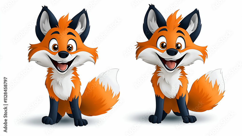 Two cheerful cartoon foxes with bright orange fur and expressive faces stand side by side, showcasing their playful and friendly nature. Two cheerful cartoon foxes with bright orange fur and expressive faces stand side by side, showcasing their playful and friendly nature.