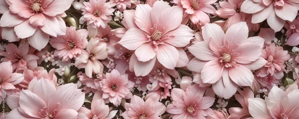 Ornate floral pattern featuring large flowers with delicate petals and stems in various shades of pink and white, garden, nature