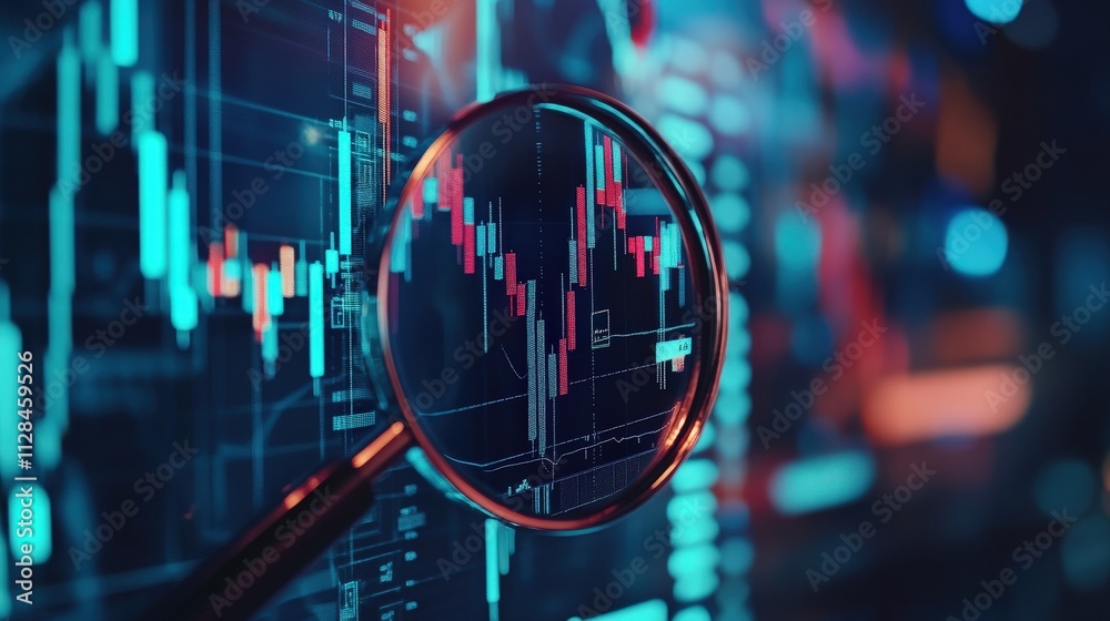 Magnifying Glass Enlarges Stock Market Data Charts Magnifying Glass Enlarges Stock Market Data Charts