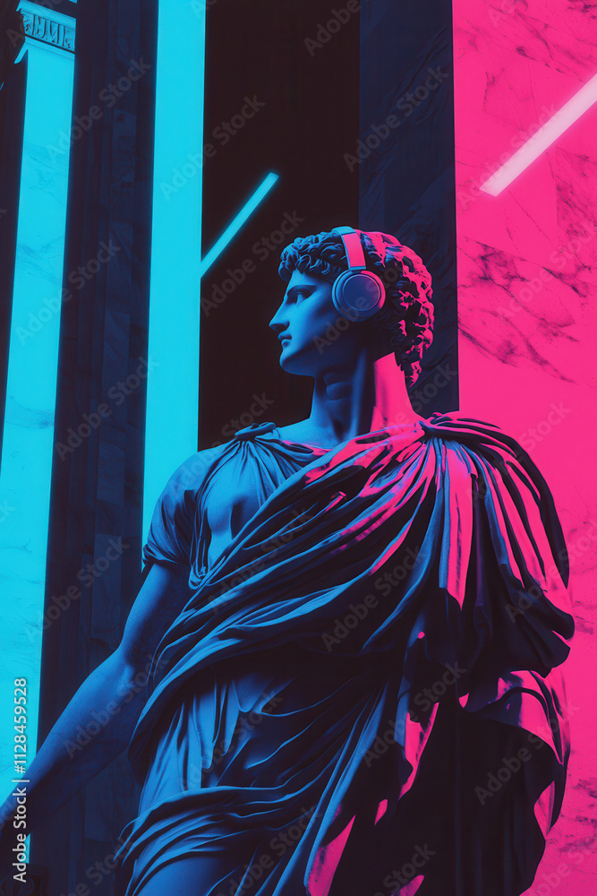 Fototapeta premium Reimagined Classical Statue with Headphones: A Vivid Neon Embrace of Modernity and Traditional Art in a Vibrant Urban Setting