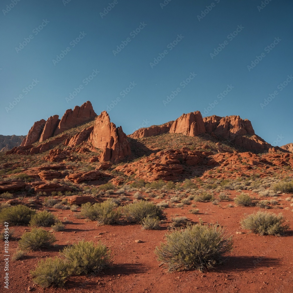 A mountain desert scene with vivid red rocks under a cloudless azure sky. A mountain desert scene with vivid red rocks under a cloudless azure sky.