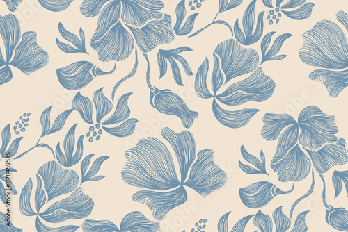 Vintage floral ethnic tapestry modern embroidery texture boho design vector illustration hand drawn silhouette indigo blue flower motif branches leaves wallpaper seamless background border.