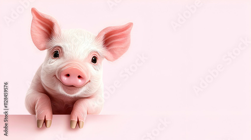 A cute piglet with a joyful expression peeks over a pastel pink background, exuding charm and playfulness.