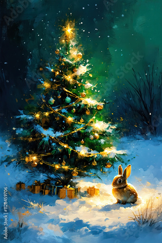 Christmas Tree with garlands, decorations, gifts and bunny in the forest, abstract digital painting