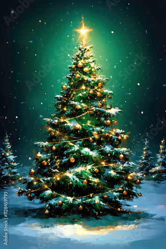 Christmas Tree with garlands and decorations in the forest, abstract digital painting