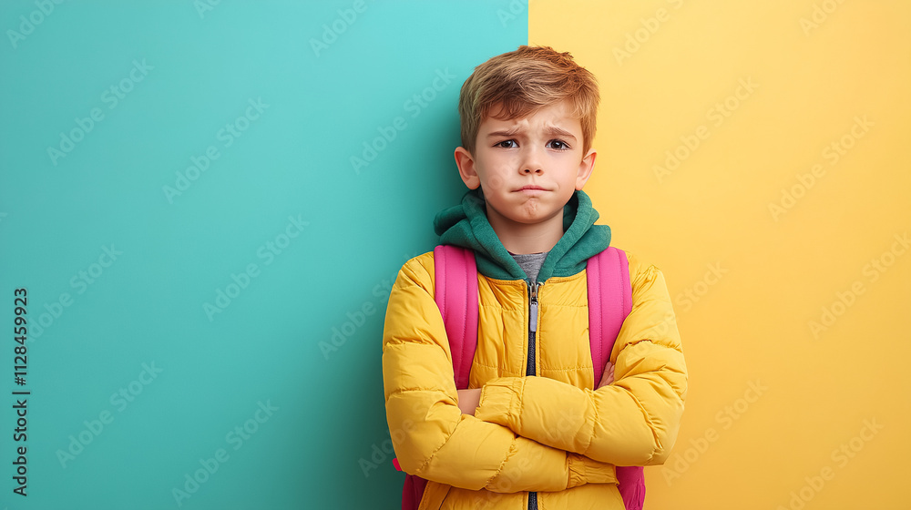 Child with crossed arms wearing a yellow jacket and backpack against a colorful wall backdrop in a playful environment. Generative AI Child with crossed arms wearing a yellow jacket and backpack against a colorful wall backdrop in a playful environment. Generative AI