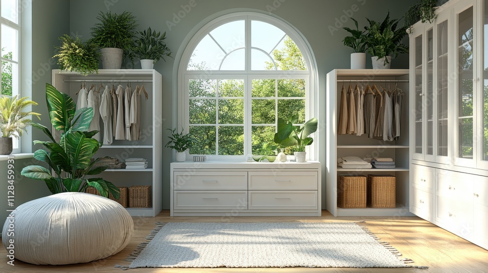 Fototapeta premium front view of a spacious white wardrobe in the traditional american style in a bright room with an open door advertising of ergonomic furnitur