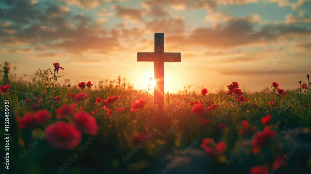 Sunset Silhouette Crucifix in Field of Poppies Sunset Silhouette Crucifix in Field of Poppies