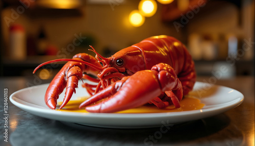 wallpapers A stunning red lobster beautifully presented on a white plate with a yellow sauce. The background is softly blurred to emphasize the dish. AI generated. photo