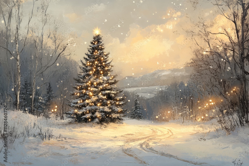 Christmas tree with twinkling lights in a snowy landscape, creating a festive and magical holiday scene. Christmas tree with twinkling lights in a snowy landscape, creating a festive and magical holiday scene.
