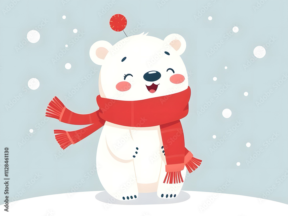 Adorable polar bear wearing a warm red scarf, embracing the magic of winter in a playful cartoon style. Adorable polar bear wearing a warm red scarf, embracing the magic of winter in a playful cartoon style.