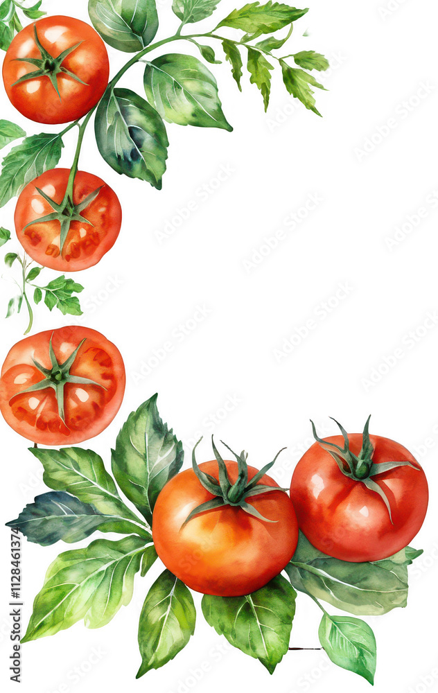 Frame made of watercolor fresh tomatoes and leaves, perfect for cookbook, restaurant menu Frame made of watercolor fresh tomatoes and leaves, perfect for cookbook, restaurant menu