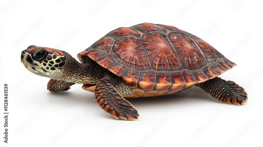 A colorful turtle with a patterned shell, positioned on a white background, showcasing its unique features and textures. A colorful turtle with a patterned shell, positioned on a white background, showcasing its unique features and textures.