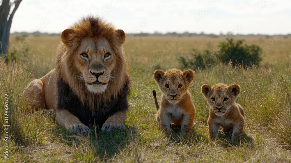 A lion and two cubs rest in tall grass beneath a cloudy sky, surrounded by a picturesque savannah landscape full of life and detail. A lion and two cubs rest in tall grass beneath a cloudy sky, surrounded by a picturesque savannah landscape full of life and detail.