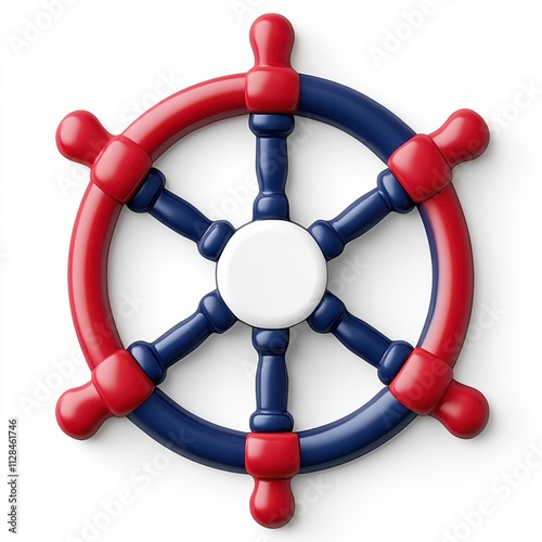 A red and blue ship wheel with a white center, symbolizing navigation, control, and maritime themes, AI