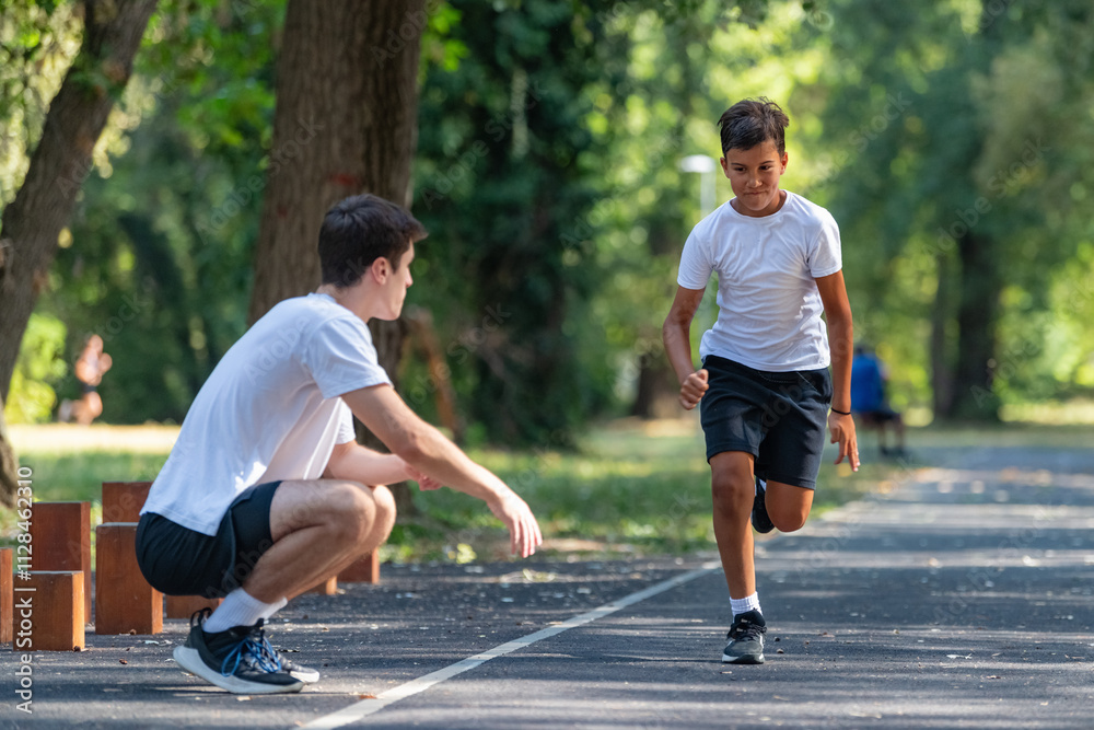 Trainer works with a young boy in the park, practicing speed running exercises. The boy focuses on improving his running technique and agility, under the coach's guidance. Trainer works with a young boy in the park, practicing speed running exercises. The boy focuses on improving his running technique and agility, under the coach's guidance.